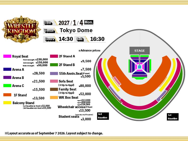 WRESTLE KINGDOM 21 Tokyo Dome seating plan and ticket prices